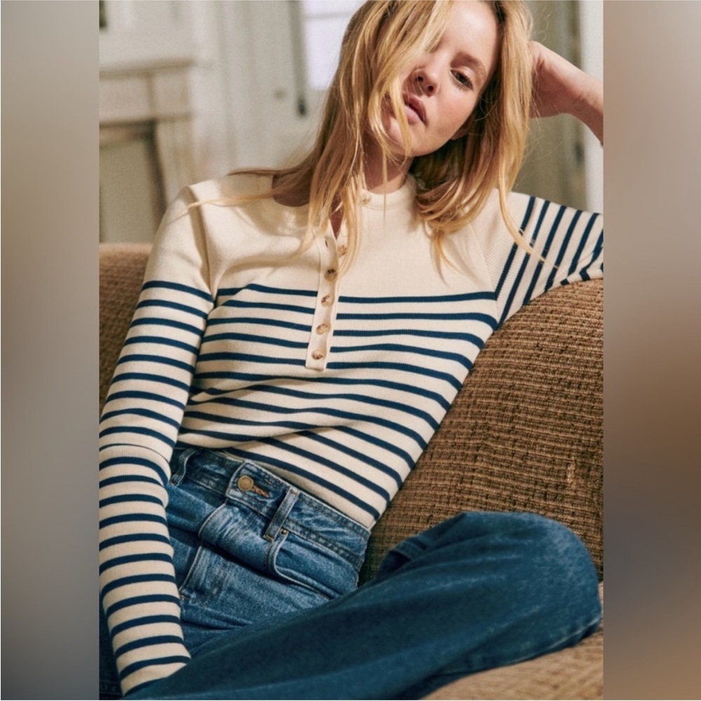 NWT Sezane Alexis sweater pullover Jumper natural/marine XS - Picture 3 of 8